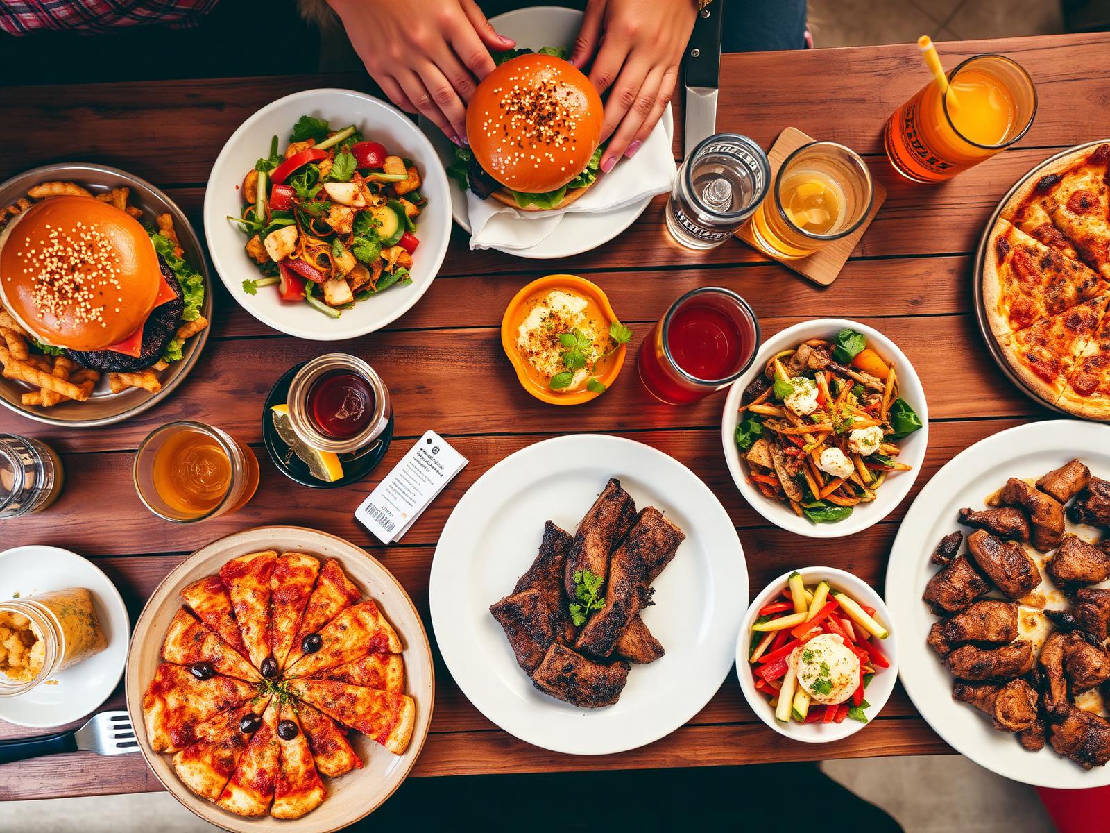 Mesa cheia de pratos apetitosos de restaurante